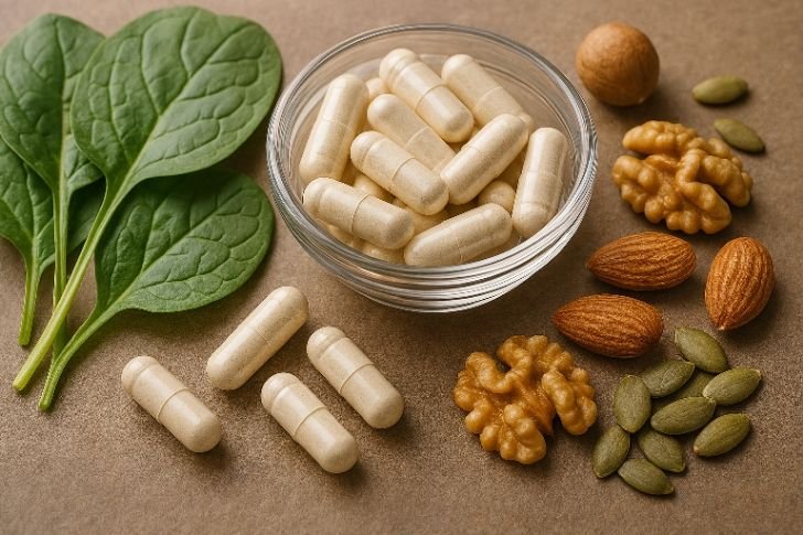 Magnesium supplements for stress relief – tablets and green leafy vegetables.