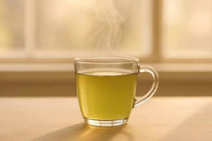 L-theanine benefits for calm – cup of green tea with steam rising.