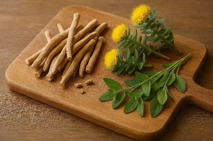 Adaptogens for lowering cortisol – ashwagandha roots and rhodiola on wooden board.