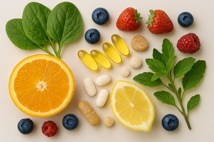 Vitamins to reduce stress naturally – colorful vitamin capsules with fruits.
