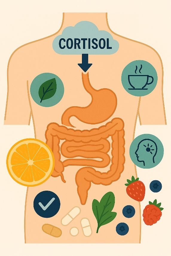 Gut health and cortisol connection – illustration of digestive system with stress relief symbols.