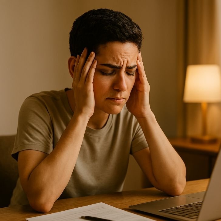 Stressed person holding head at desk before trying breathing exercises to lower cortisol
