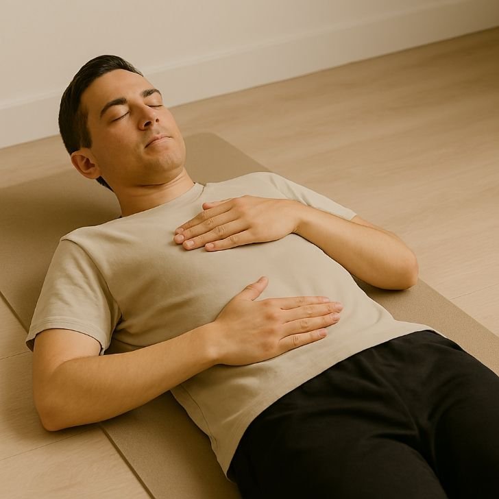 Person practicing diaphragmatic breathing with hand on stomach to reduce cortisol
