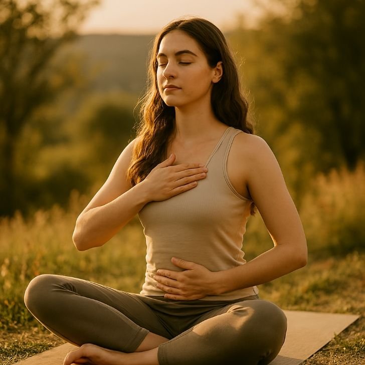 Woman practicing yoga breathing for stress relief in a serene environment