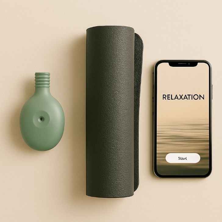 Breathing trainer device and yoga mat products for stress relief