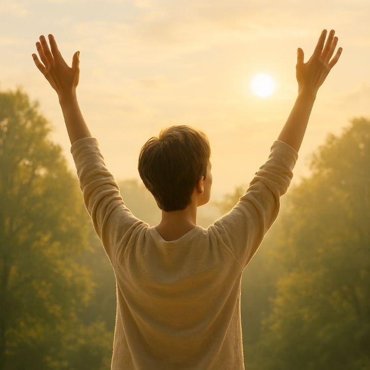 Person enjoying morning sunlight benefits by standing outside in the early sun to boost wellness
