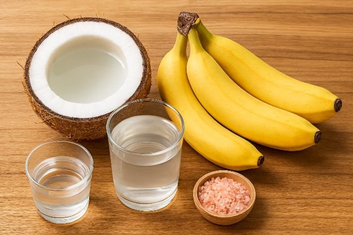 Healthy hydration tips showing natural electrolytes like coconut water and bananas
