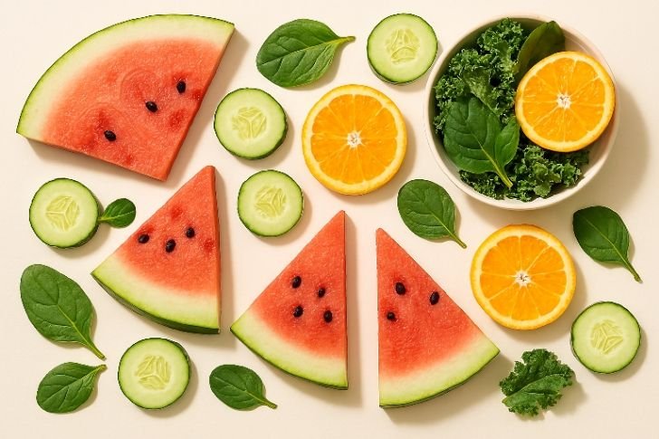 Hydrating foods like watermelon, cucumber, and oranges to support hydration tips