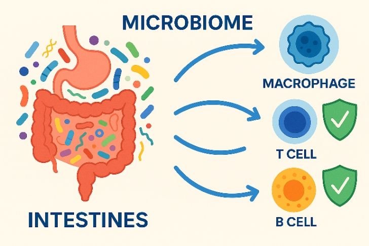 Illustration of gut immune axis communication between microbiome and immune system