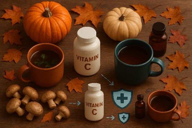 Fall immunity boosters including pumpkins, mushrooms, herbal teas, and vitamin supplements