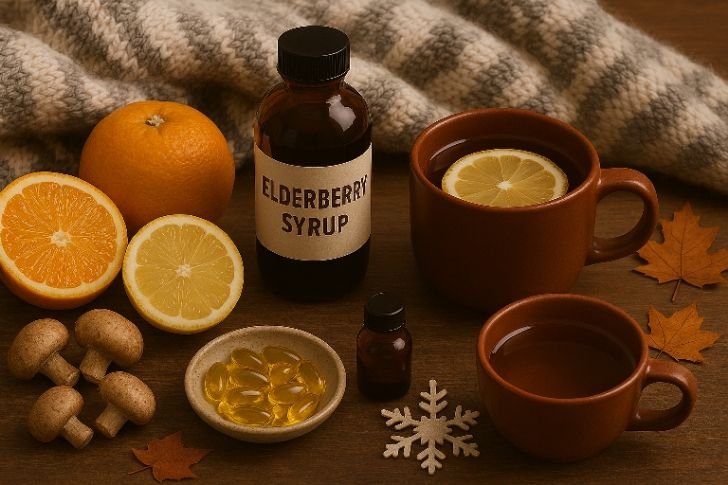 Winter immune health support with elderberry syrup, citrus fruits, and vitamin D supplements