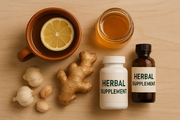 Natural remedies for cold season wellness including ginger tea, honey, and herbal supplements