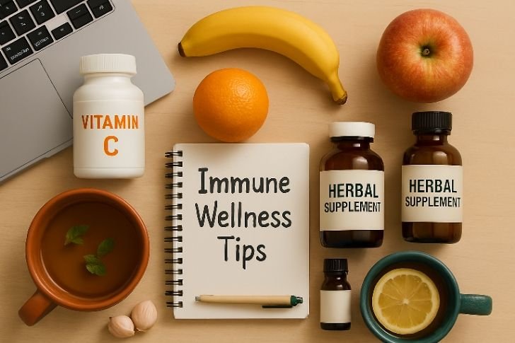 Immune wellness tips with vitamins, supplements, and healthy lifestyle choices