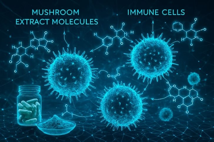 Microscopic illustration of mushroom extract compounds boosting immune system