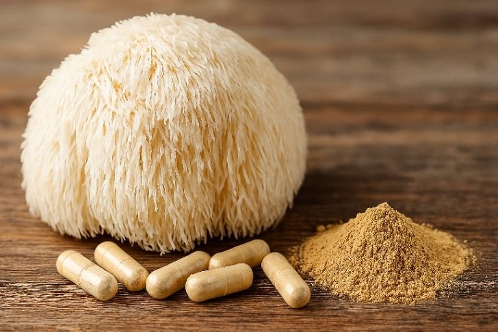 Lion’s mane mushroom supplement capsules and powder for brain health and immunity
