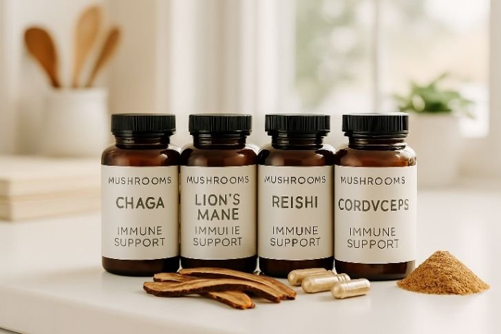 Different mushroom supplement bottles with immune support labels on a kitchen counter