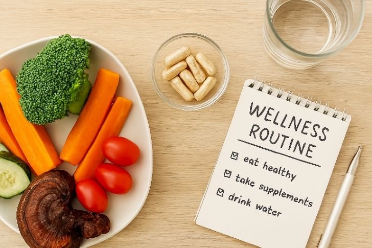 Healthy lifestyle with mushroom supplements, fresh vegetables, and hydration