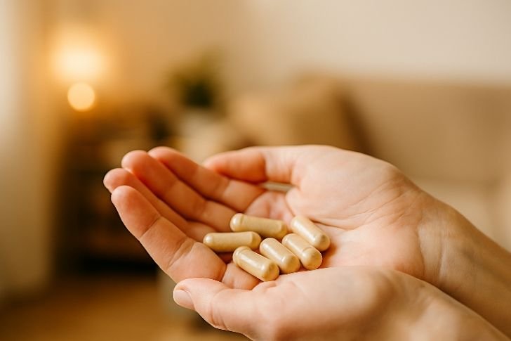 Person holding mushroom supplement capsules as daily immune support