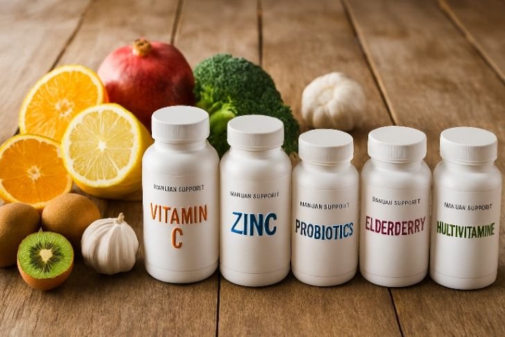 Best vitamins for immune system in 2025 – Natural supplements, fruits, and capsules on a wooden table