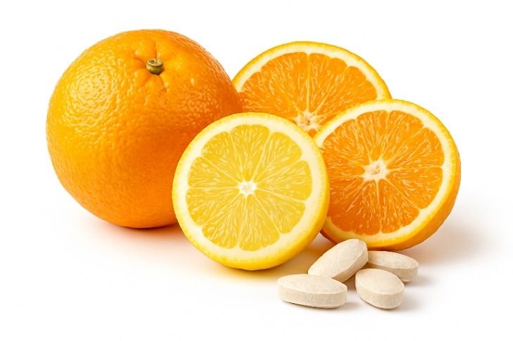 Best vitamin C for immune system – fresh oranges and vitamin C tablets side by side