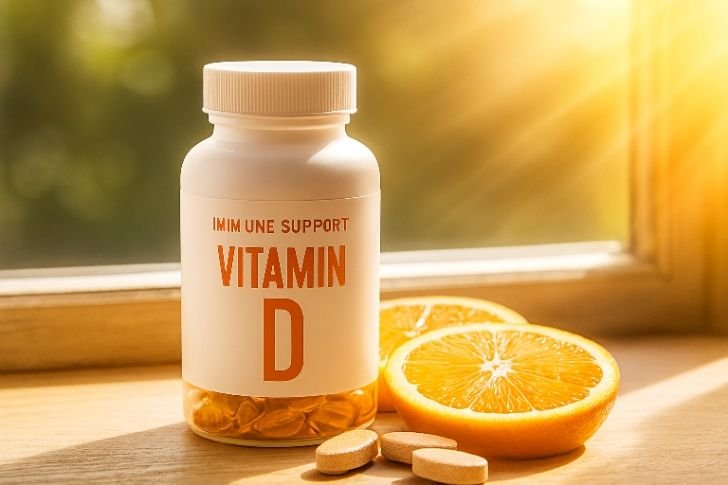 Vitamin D for immunity – sunlight and vitamin D capsules on a bright background