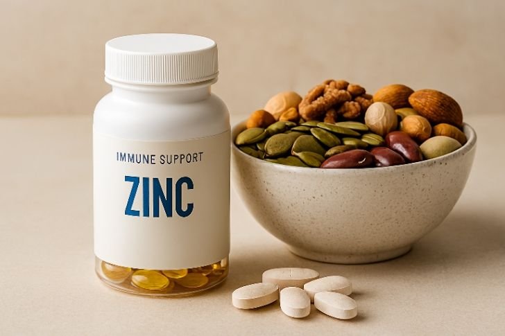 Zinc for immune system – zinc supplement bottle with healthy foods rich in zinc like seeds and nuts