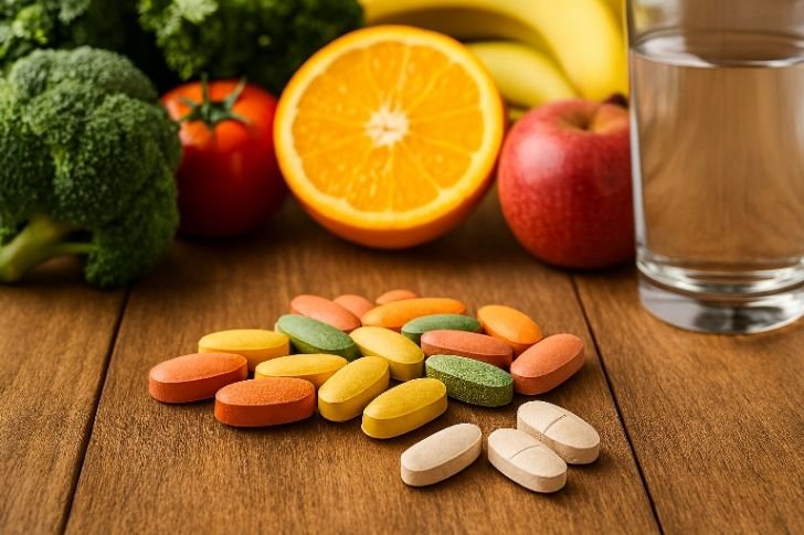 Multivitamins for immune system – colorful multivitamin tablets with balanced diet foods