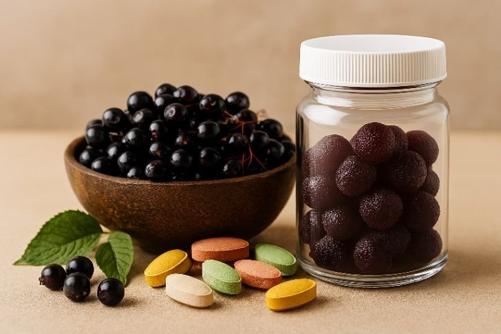 Elderberry for immune support – black elderberries and gummy supplements in a glass jar