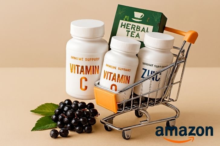 Immune system boosters Amazon – supplement bottles and herbal teas displayed in a shopping cart concept