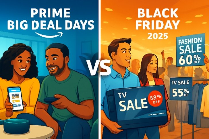 prime big deal days vs black friday 2025 shopping comparison – Amazon Prime sale vs Black Friday discounts with shoppers browsing online deals