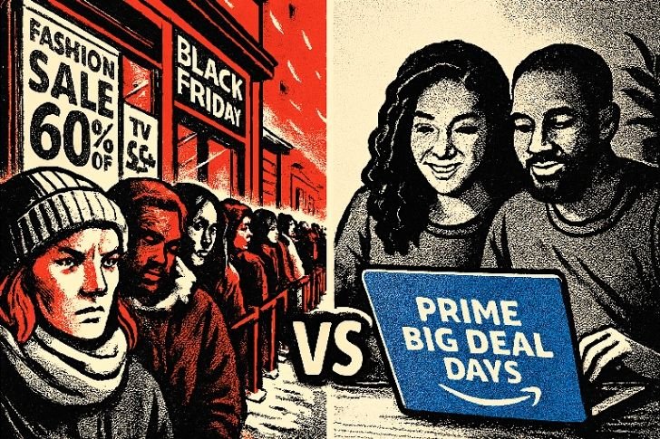crowds shopping during black friday vs relaxed online shoppers during prime big deal days 2025