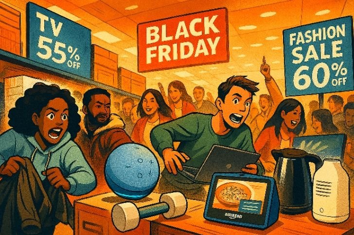 black friday deals 2025 – shoppers waiting in line for tv and electronics discounts
