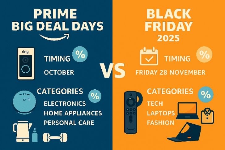 side by side comparison chart of prime big deal days vs black friday 2025 deals