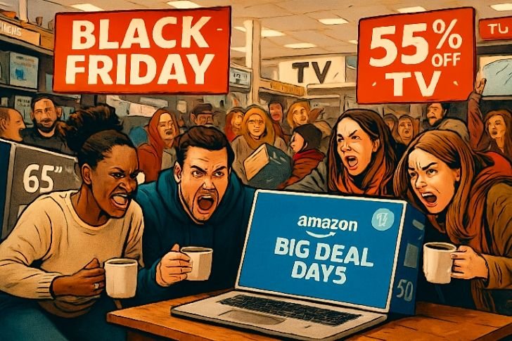 black friday sales 2025 with big screen tv discounts and crowded stores