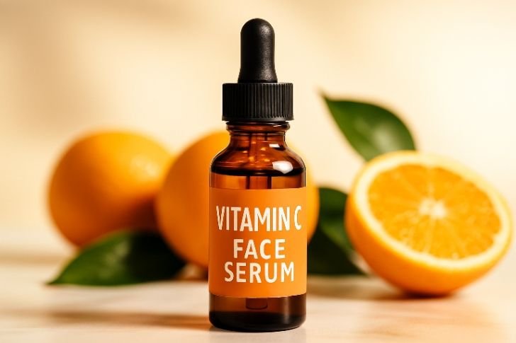 Vitamin C Face Serum with oranges and leaves for glowing healthy skin
