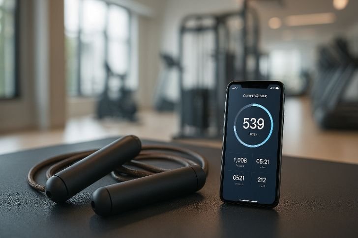 Smart Bluetooth Jump Rope with phone app on gym mat for fitness tracking