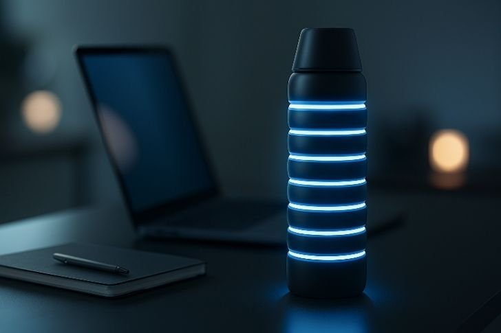 Smart Water Bottle with LED hydration tracker beside laptop