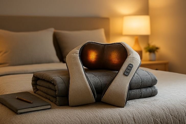 Weighted blanket and Shiatsu neck massager in cozy bedroom setting