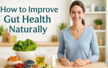 Fresh natural foods and lifestyle scene showing how to improve gut health naturally with a healthy diet and digestion support